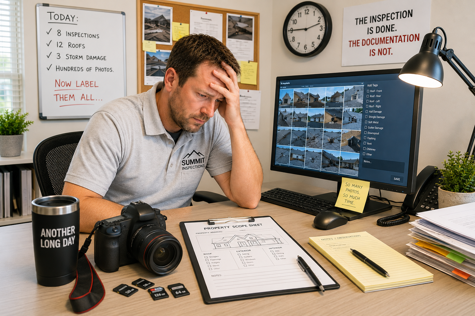 Inspector exhausted at desk after a long day, still facing hundreds of unnamed photos